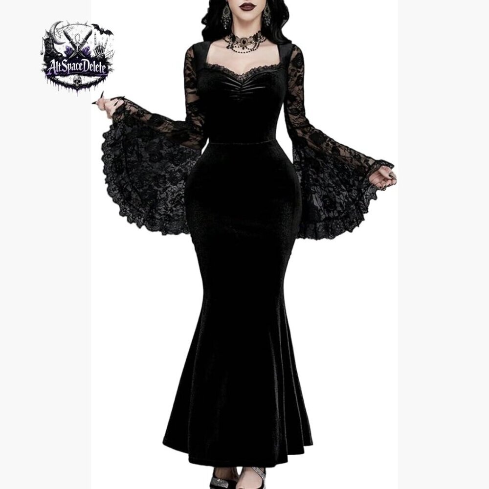 Velvet Gothic Lace Patchwork Fishtail Dress Long Sleeve Backless Maxi